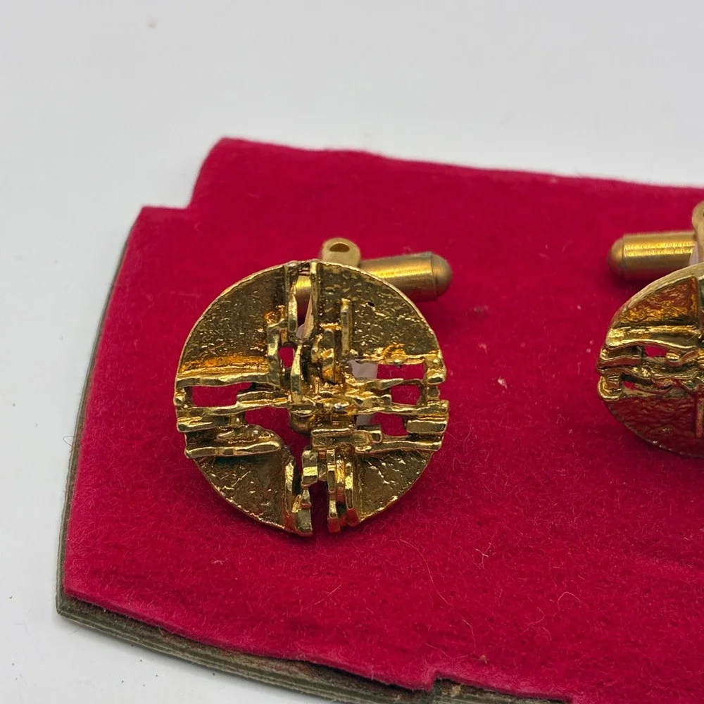 Vintage Brutalist Gold Tone Round Cufflinks Abstract Textured MCM Mens Jewelry